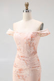 Champagne Printed Off the Shoulder Long Ruched Wedding Guest Dress