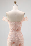Champagne Printed Off the Shoulder Long Ruched Wedding Guest Dress