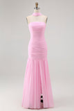 Blush Strapless Mermaid Chiffon Ruched Neck Scarf Long Wedding Guest Dress