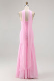 Blush Strapless Mermaid Chiffon Ruched Neck Scarf Long Wedding Guest Dress