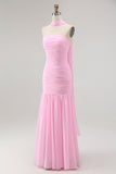 Blush Strapless Mermaid Chiffon Ruched Neck Scarf Long Wedding Guest Dress