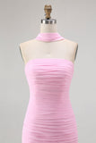 Blush Strapless Mermaid Chiffon Ruched Neck Scarf Long Wedding Guest Dress