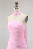 Blush Strapless Mermaid Chiffon Ruched Neck Scarf Long Wedding Guest Dress