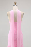 Blush Strapless Mermaid Chiffon Ruched Neck Scarf Long Wedding Guest Dress