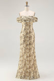 Champagne Mermaid Floral Off the Shoulder Long Wedding Guest Dress