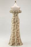 Champagne Mermaid Floral Off the Shoulder Long Wedding Guest Dress
