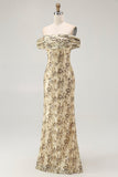 Champagne Mermaid Floral Off the Shoulder Long Wedding Guest Dress