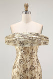 Champagne Mermaid Floral Off the Shoulder Long Wedding Guest Dress