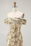 Champagne Mermaid Floral Off the Shoulder Long Wedding Guest Dress