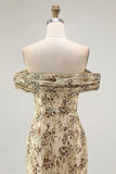 Champagne Mermaid Floral Off the Shoulder Long Wedding Guest Dress