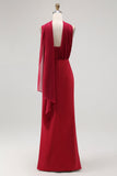 Burgundy Satin One Shoulder Mermaid Maxi Wedding Guest Dress with Slit