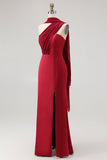 Burgundy Satin One Shoulder Mermaid Maxi Wedding Guest Dress with Slit