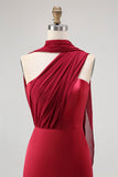 Burgundy Satin One Shoulder Mermaid Maxi Wedding Guest Dress with Slit