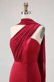Burgundy Satin One Shoulder Mermaid Maxi Wedding Guest Dress with Slit