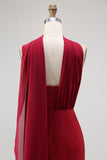Burgundy Satin One Shoulder Mermaid Maxi Wedding Guest Dress with Slit