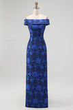 Dark Blue Sheath Floral Off the Shoulder Long Wedding Guest Dress with Slit