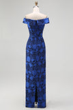 Dark Blue Sheath Floral Off the Shoulder Long Wedding Guest Dress with Slit