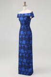 Dark Blue Sheath Floral Off the Shoulder Long Wedding Guest Dress with Slit