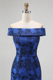Dark Blue Sheath Floral Off the Shoulder Long Wedding Guest Dress with Slit