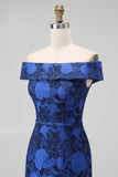 Dark Blue Sheath Floral Off the Shoulder Long Wedding Guest Dress with Slit