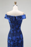 Dark Blue Sheath Floral Off the Shoulder Long Wedding Guest Dress with Slit