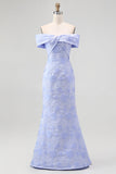 Blue Floral Mermaid Off the Shoulder Maxi Wedding Guest Dress