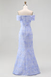 Blue Floral Mermaid Off the Shoulder Maxi Wedding Guest Dress