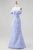 Blue Floral Mermaid Off the Shoulder Maxi Wedding Guest Dress