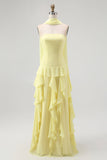 Yellow Chiffon Strapless Neck Scarf A-Line Ruffled Long Wedding Guest Dress