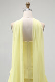 Yellow Chiffon Strapless Neck Scarf A-Line Ruffled Long Wedding Guest Dress