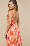 Midi Sunset Chiffon Spaghetti Straps Wedding Guest Dress with Pleats