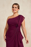 Burgundy Beaded Ruched Sheath High Low Mother Of the Bride Dress with Ruffles
