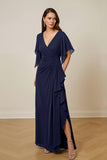 Dark Green Ruched Sheath V-Neck Maxi Mother of the Bride Dress with Ruffles