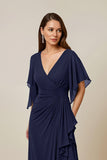 Dark Green Ruched Sheath V-Neck Maxi Mother of the Bride Dress with Ruffles