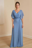Dusty Blue Ruched V-Neck Sheath Appliqued Maxi Mother Of the Bride Dress with Ruffles