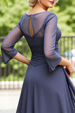 Steel Grey Chiffon Boat Neck A Line Long Mother of the Bride Dress with Sleeves