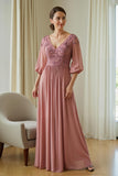 Dusty Rose Ruched V-Neck Appliqued Maxi Mother Of the Bride Dress with Sleeves