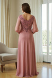Dusty Rose Ruched V-Neck Appliqued Maxi Mother Of the Bride Dress with Sleeves