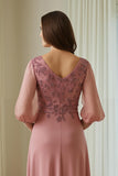 Dusty Rose Ruched V-Neck Appliqued Maxi Mother Of the Bride Dress with Sleeves