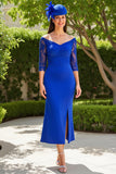 Royal Blue Satin Sheath Off the Shoulder Maxi Mother of the Bride Dress with Slit
