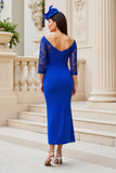 Royal Blue Satin Sheath Off the Shoulder Maxi Mother of the Bride Dress with Slit