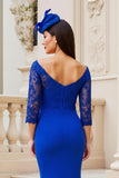 Royal Blue Satin Sheath Off the Shoulder Maxi Mother of the Bride Dress with Slit
