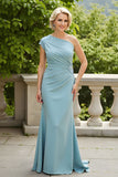 Light Blue Sheath One Shoulder Ruched Long Mother of the Bride Dress with Appliques