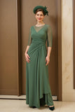 Dark Green Illusion Round Neck Ruched Maxi Mother of the Bride Dress with Sleeves