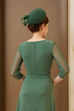 Dark Green Illusion Round Neck Ruched Maxi Mother of the Bride Dress with Sleeves