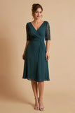 Pine Chiffon Ruched V-Neck A Line Midi Mother of the Bride Dress with Lace