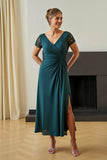 Pine Ruched V-Neck A Line Long Mother of the Bride Dress with Slit
