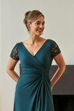 Pine Ruched V-Neck A Line Long Mother of the Bride Dress with Slit