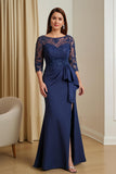 Navy Ruched Mermaid Illusion Boat Neck Long Mother of the Bride Dress with Slit