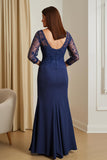 Navy Ruched Mermaid Illusion Boat Neck Long Mother of the Bride Dress with Slit